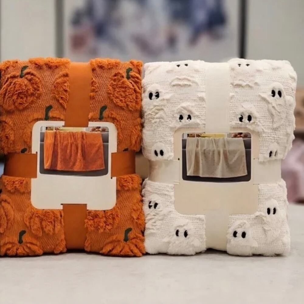 2 Halloween Pumpkin & Ghost Plush Throw Blankets Set